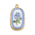 Printed Porcelain Pendants, with 304 Stainless Steel Findings, Oval with Hydrangea Charms, Mixed Color, Golden, 29~30x16~16.5x5mm, Hole: 2mm(X-STAS-C183-03B-04)