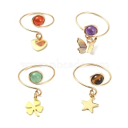 4Pcs 4 Style Natural Mixed Gemstone Open Cuff Rings Set, Copper Wire Wrap Rings with Brass Charms, Heart & Butterfly & Heart & Clover, Golden, Inner Diameter: 19mm, 1Pc/style(RJEW-TA00078)