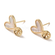 Brass with Natural Shell Stud Earring Findings, Earring Settings for Half Drilled Beads, Heart, Golden, Tray: 5mm, 14.5x10.5mm, Pin: 11x0.7mm and 0.9mm(KK-P253-02A-G)