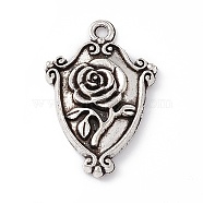 Tibetan Style Alloy Pendants, Shield with Rose Charm, Antique Silver, 23x15.5x2.8mm, Hole: 1.5mm(FIND-A021-08AS)