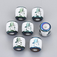 Electroplate Glass Beads, Column with Butterfly Pattern, Green Plated, 11.5x11.5mm, Hole: 2.5mm(EGLA-S178-13E)