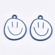 Spray Painted Alloy Pendants,  Cadmium Free & Lead Free, with White Enamel, Smiling Face, Cornflower Blue, 24x20x1mm, Hole: 2mm(X-ENAM-S127-026A-RS)