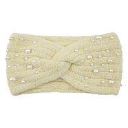 Acrylic Fiber Knitted Yarn Warmer Headbands, with Plastic Imitation Pearl, Soft Stretch Thick Cable Knit Head Wrap for Women, Pale Goldenrod, 210x110mm(COHT-PW0002-21F)