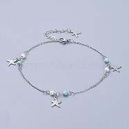 304 Stainless Steel Charm Anklets, with Synthetic Turquoise Beads and Glass Pearl, Starfish/Sea Stars, Stainless Steel Color, 9-5/8 inch(24.5cm)(AJEW-AN00265-01)