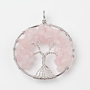 Tree of Life Natural Rose Quartz Big Pendants, with Brass Findings, Platinum, 63~65x49~51x8~10mm, Hole: 8~10mm(G-L455-D07)