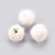Handmade Plush Cloth Fabric Covered, with CCB Plastic Findings, Round, Golden, Antique White, 17x15mm, Hole: 1.5mm(FIND-P029-C13)