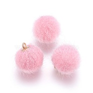 Handmade Plush Cloth Fabric Covered, with CCB Plastic Findings, Round, Golden, Pink, 17x15mm, Hole: 1.5mm(FIND-P029-C05)