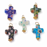 Handmade Millefiori Glass Pendants, with Golden Plated Brass Ball Head pins and Alloy Spacer Beads, Cross, Mixed Color, 24.5x13x3.5mm, Hole: 3.5mm(PALLOY-JF00577)
