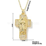 European and American Brass Pave Cubic Zirconis Virgin Mary Cross Pendant Necklaces, Golden, Clear, 15.75 inch(40cm)(IK3172-2)