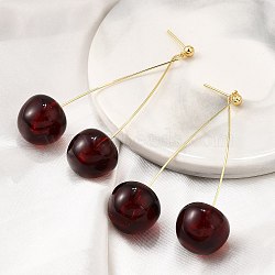 Brass Acrylic Stud Dangle Earrings for Women, Cherry, Real 18K Gold Plated, 67x40mm(EJEW-G430-04G)