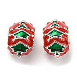 Christmas Brass Enamel European Beads, with Rhinestone, Large Hole Beads, Lead Free & Cadmium Free, Long-Lasting Plated, Platinum, Rondelle with Christmas Tree, Red, 10.5x8x10.5mm, Hole: 4.8mm(KK-D038-14P)