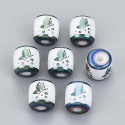 Electroplate Glass Beads, Column with Butterfly Pattern, Green Plated, 11.5x11.5mm, Hole: 2.5mm(EGLA-S178-13E)