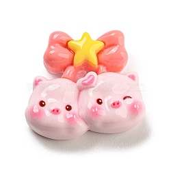 Pig Theme Opaque Resin Cabochons, Funny Pig with Bowknot, Pink, 22x24.5x9mm(RESI-H154-01F)