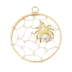 Copper Wired Alloy Acrylic Pendants, Flat Round with Spider, Golden, 40x35x1~6mm, Hole: 3.5mm(PALLOY-JF02638)