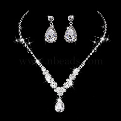 Teardrop & Flower Alloy Crystal Rhinestone Pendant Necklace & Stud Dangle Earrings Sets, Platinum, 330mm & 25mm(FS-WGA0F52-02)