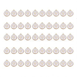Golden Plated Alloy Charms, with Enamel, Enamelled Sequins, Flat Round, White, Letter.V, 14x12x2mm, Hole: 1.5mm, 50pcs/Box(ENAM-SZ0001-25A-V)