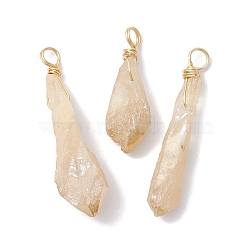 Electroplated Natural Quartz Crystal Dyed Pendants, Teardrop Charms with Golden Plated Copper Wire Loops, Wheat, 34~37x6~10.5x6~9.5mm, Hole: 3.5mm(PALLOY-JF02325-07)