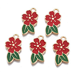 Alloy Enamel Pendants, Cadmium Free & Lead Free, Light Gold, Flower, FireBrick, 24.5x14.5x1.5mm, Hole: 2mm(ENAM-Q446-002D-RS)