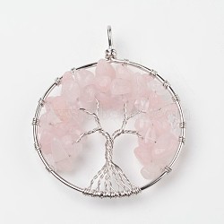 Tree of Life Natural Rose Quartz Big Pendants, with Brass Findings, Platinum, 63~65x49~51x8~10mm, Hole: 8~10mm(G-L455-D07)