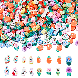 300Pcs 3 Style Cartoon Handmade Polymer Clay Beads Sets, for Easter, Flower/Rabbit/Carrot, Mixed Color, 10.5~11x7.5~8x5~5.5mm, Hole: 2mm, 100pcs/style(CLAY-DC0001-12)