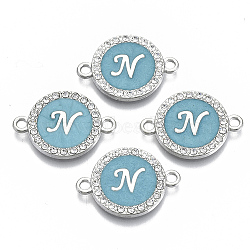 Alloy Enamel Links Connectors, with Crystal Rhinestones, Flat Round with Letter, Silver Color Plated, Letter.N, 22x16x2mm, Hole: 1.8mm(ENAM-TAC0003-01S-06N)