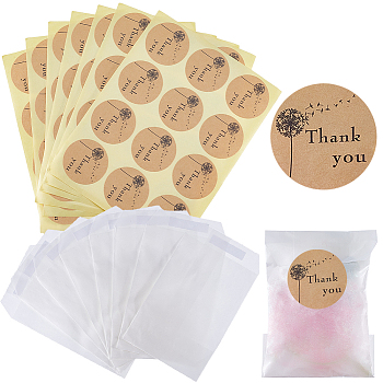 CRASPIRE 120Pcs Flat Translucent Glassine Waxed Paper Treat Bags Cookie Bags, with 10 Sheets Round Dot Sealing Adhesive Gift Stickers, Flower, Bag: 10.5x7.2x0.02cm, Sticker: 35mm, 12pcs/sheet