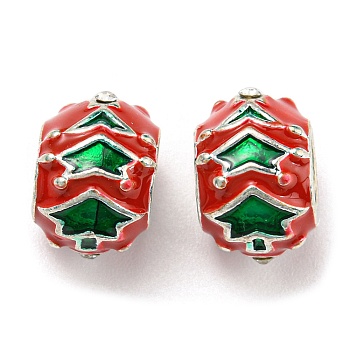 Christmas Brass Enamel European Beads, with Rhinestone, Large Hole Beads, Lead Free & Cadmium Free, Long-Lasting Plated, Platinum, Rondelle with Christmas Tree, Red, 10.5x8x10.5mm, Hole: 4.8mm