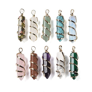 Natural & Synthetic Mixed Gemstone Double Terminal Pointed Copper Wire Wrapped Hexagon Prism Pendants, Faceted Bullet Charms, Golden, 42x10.5x10.5mm, Hole: 5x3.5mm