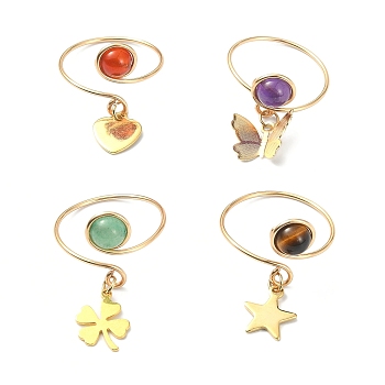 4Pcs 4 Style Natural Mixed Gemstone Open Cuff Rings Set, Copper Wire Wrap Rings with Brass Charms, Heart & Butterfly & Heart & Clover, Golden, Inner Diameter: 19mm, 1Pc/style