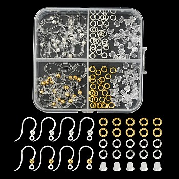 40Pcs 2 Color Eco-Friendly Plastic Earring Hooks, Ear Wire, with 304 Stainless Steel Beads and Horizontal Loop & 60Pcs Brass Jump Rings and 60Pcs Plastic Ear Nuts, Golden & Stainless Steel Color, 15.5x8x0.7mm, Hole: 1.2mm, 24 Gauge, Pin: 0.5mm, 20Pcs/color