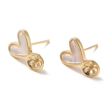 Brass with Natural Shell Stud Earring Findings, Earring Settings for Half Drilled Beads, Heart, Golden, Tray: 5mm, 14.5x10.5mm, Pin: 11x0.7mm and 0.9mm