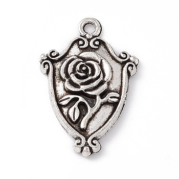 Tibetan Style Alloy Pendants, Shield with Rose Charm, Antique Silver, 23x15.5x2.8mm, Hole: 1.5mm