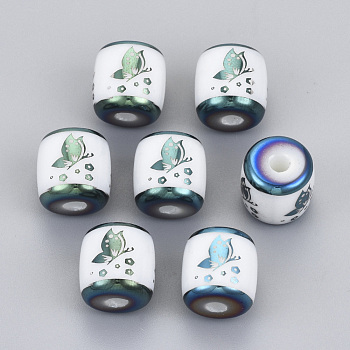 Electroplate Glass Beads, Column with Butterfly Pattern, Green Plated, 11.5x11.5mm, Hole: 2.5mm