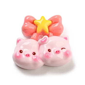 Pig Theme Opaque Resin Cabochons, Funny Pig with Bowknot, Pink, 22x24.5x9mm