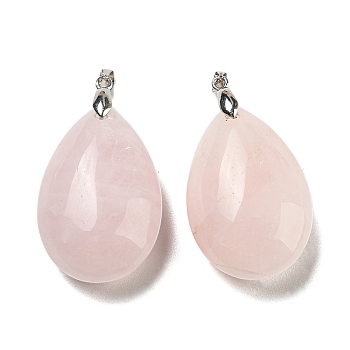 Natural Rose Quartz Pendants, Teardrop Charms, with Rack Plating Platinum Plated Brass Pinch Bails, Lead Free & Cadmium Free, 41~42x23~24x13~14.5mm, Hole: 4x3.5mm