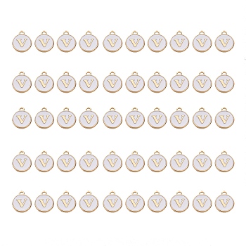 Golden Plated Alloy Charms, with Enamel, Enamelled Sequins, Flat Round, White, Letter.V, 14x12x2mm, Hole: 1.5mm, 50pcs/Box