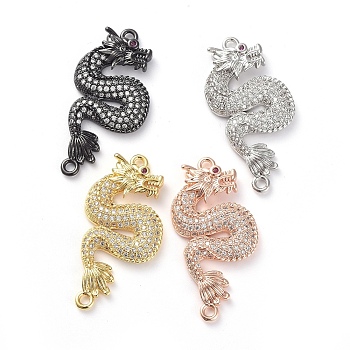 Brass Micro Pave Cubic Zirconia Links connectors, Dragon, Clear, Mixed Color, 33x15.5x3mm, Hole: 1.6mm