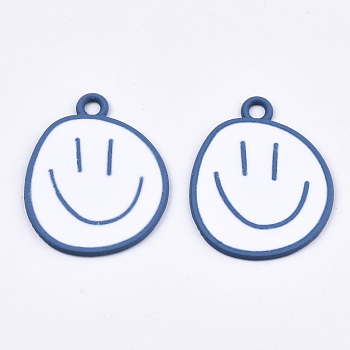 Spray Painted Alloy Pendants,  Cadmium Free & Lead Free, with White Enamel, Smiling Face, Cornflower Blue, 24x20x1mm, Hole: 2mm