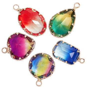 10Pcs 5 Style Two Tone Transparent Glass Pendants, with Golden Plated Brass Settings, Faceted, Mixed Shape, Mixed Color, 18.5~24x11~15x6.5~8.5mm, Hole: 1.8~2mm, 2pcs/style