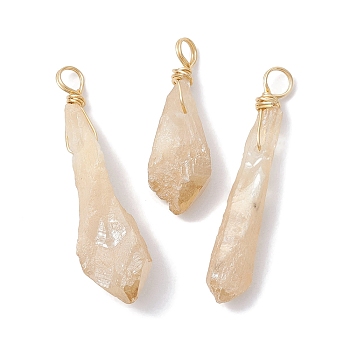 Electroplated Natural Quartz Crystal Dyed Pendants, Teardrop Charms with Golden Plated Copper Wire Loops, Wheat, 34~37x6~10.5x6~9.5mm, Hole: 3.5mm
