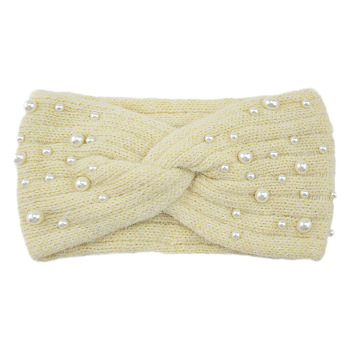 Acrylic Fiber Knitted Yarn Warmer Headbands, with Plastic Imitation Pearl, Soft Stretch Thick Cable Knit Head Wrap for Women, Pale Goldenrod, 210x110mm