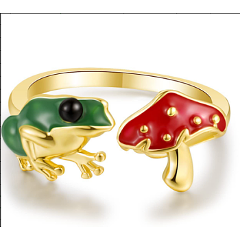 Frog & Mushroom Alloy Open Cuff Ring for Women, Golden, US Size 5 3/4(16.3mm)