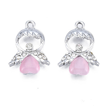 UV Plating Alloy Pendants, with Cat Eye and Crystal Rhinestone, Platinum, Cadmium Free & Lead Free, Fairy, Pearl Pink, 24.5x16.5x4.5mm, Hole: 2mm