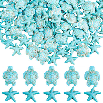 200Pcs Dyed Synthetic Turquoise and Howlite Beads, Turtle & Starfish, 15.5~18.5x13.5~15x5.5~8mm, Hole: 1~1.5mm