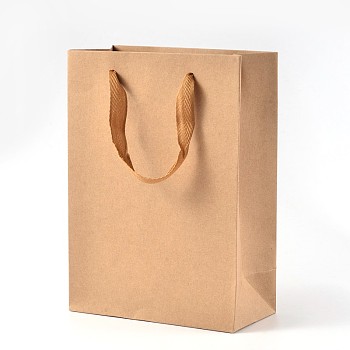 Rectangle Kraft Paper Bags, Gift Bags, Shopping Bags, Brown Paper Bag, with Nylon Cord Handles, BurlyWood, 33x28x10cm