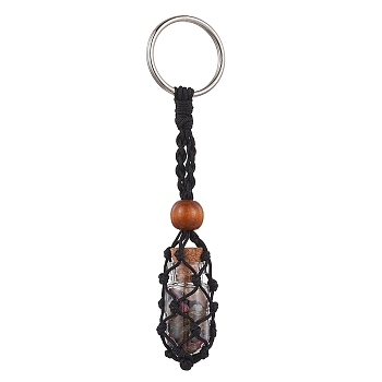 Natural Tourmaline Wishing Bottle Keychain, Nylon Cord Macrame Pouch Stone Holder, with Iron Split Key Rings and Wood Bead, 10.5cm