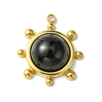 Ion Plating(IP) 304 Stainless Steel Pave Natural Obsidian Pendants, Granulated Flat Round Charms, Real 14K Gold Plated, 19.5x17x4.5~6mm, Hole: 1.5mm