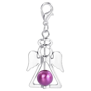 Alloy Angel Pendant Decorations, with CCB Imitation Pearl, Old Rose, 4.4x1.9cm