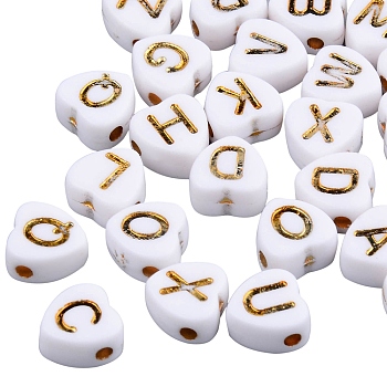 Electroplate White Opaque Acrylic Beads, Heart with Golden Mixed Letters, 7x7x4mm, Hole: 1.5mm, about 1152pcs/192g