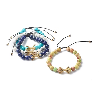 Natural Mixed Stone Braided Bead Bracelets, with Brass Beads, Inner Diameter: 2~3-3/8 inch(5.2~8.5cm)